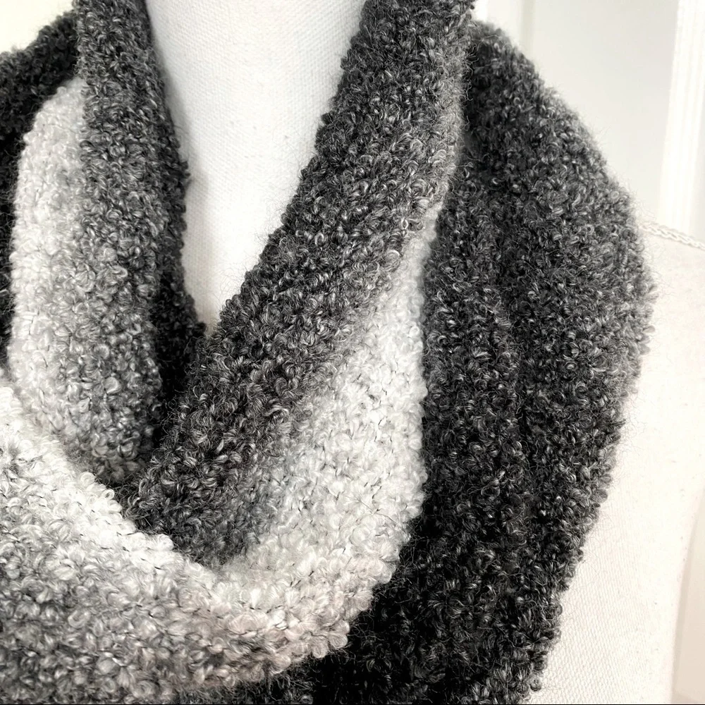 Handmade Boulce Style Knit Infinity Scarf Black Grey Ombré 60” x 9”